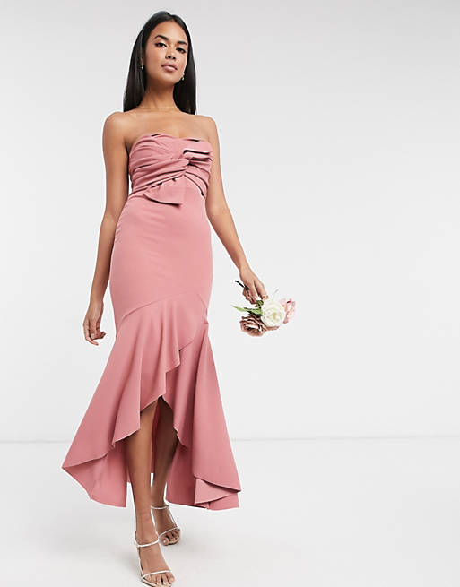 Little Mistress strapless bow detail fishtail bridesmaid dress in rose