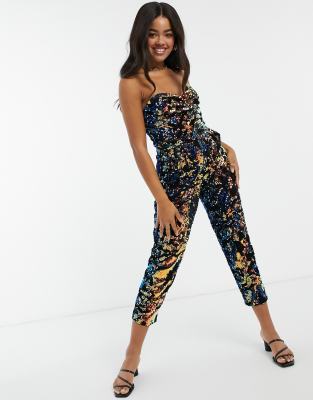 Little Mistress strapless velvet sequin jumpsuit in multi