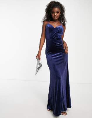 Little Mistress Strappy Maxi Dress In Navy Blue Velvet