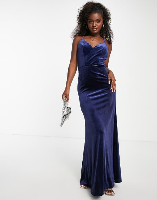 Little Mistress strappy maxi dress in navy blue velvet