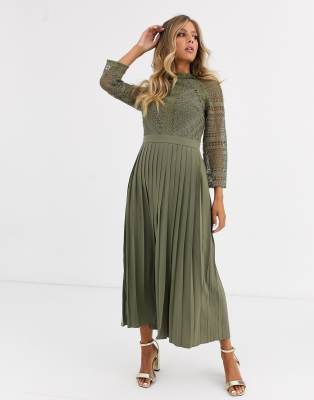 Little Mistress – Sukienka midaxi ze wstawkami z koronki w kolorze khaki |  ASOS