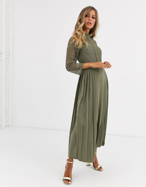 Little Mistress – Sukienka midaxi ze wstawkami z koronki w kolorze khaki |  ASOS