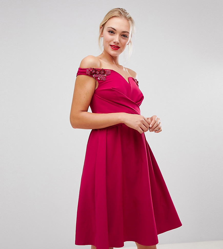 Little Mistress Tall bardot embellished shoulder skater dress in berry-Red