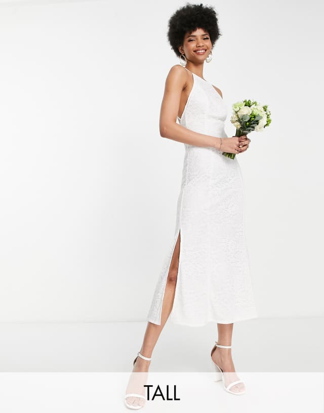 Little Mistress Tall Bridal lace midi dress with low back in ivory