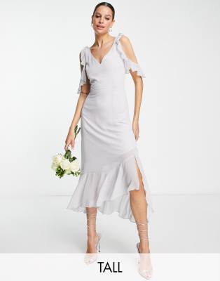 Little Mistress Tall Little Mistress Tall Bridesmaid cold shoulder midi dress in light grey