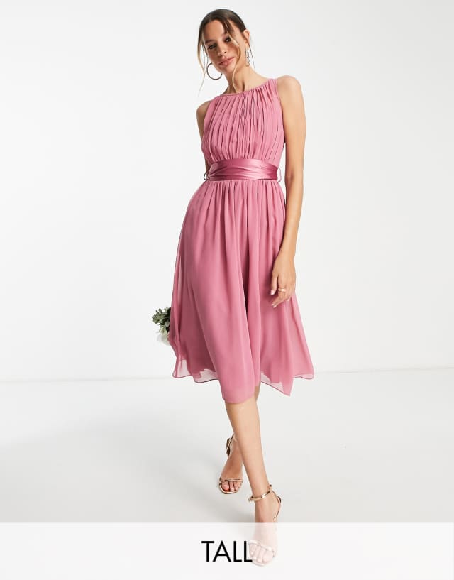 Little Mistress Tall Bridesmaid midi skater dress in dark pink