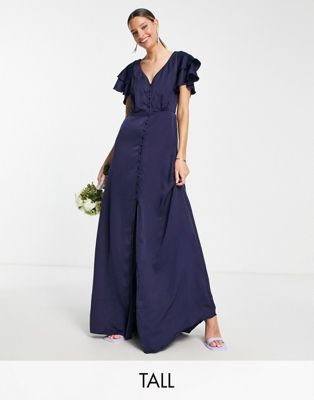Little Mistress Tall Bridesmaid Satin Maxi Dress With Flutter Sleeves In Navy