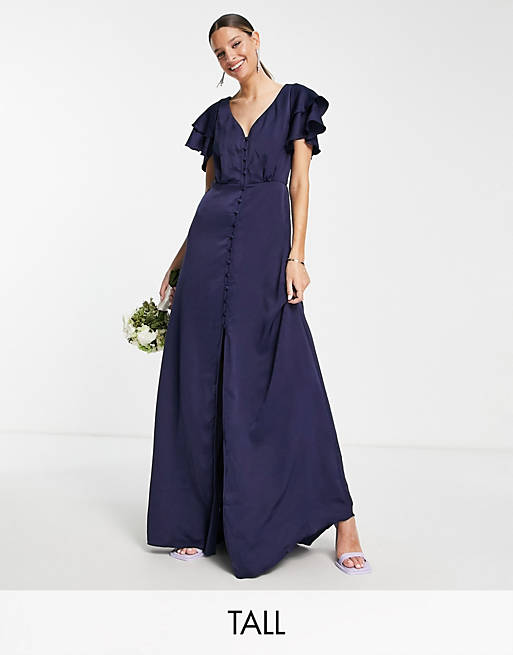 Little Mistress Tall - Bruidsmeisjes - Satijnen maxi jurk met fladdermouwen in marineblauw
