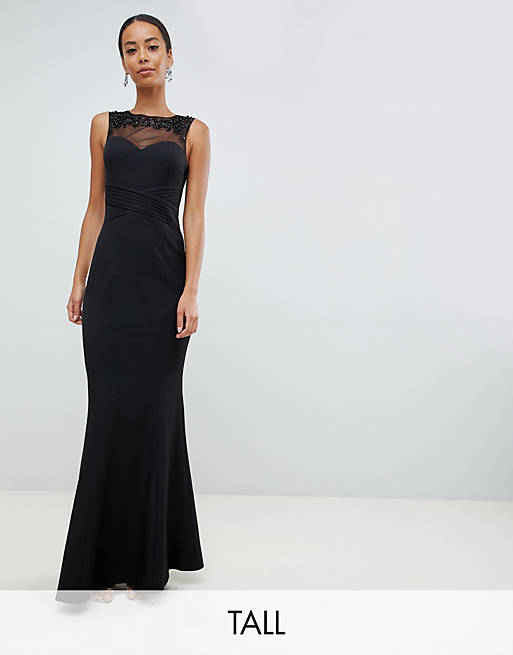 Little Mistress Tall embellished neck pleated maxi dress in black | ASOS