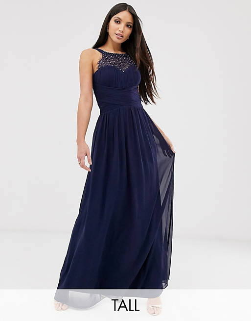 Little Mistress Navy Embellished Lace Panel Detail Maxi 