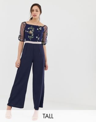 Little Mistress Tall embroidered top wide leg jumpsuit in navy