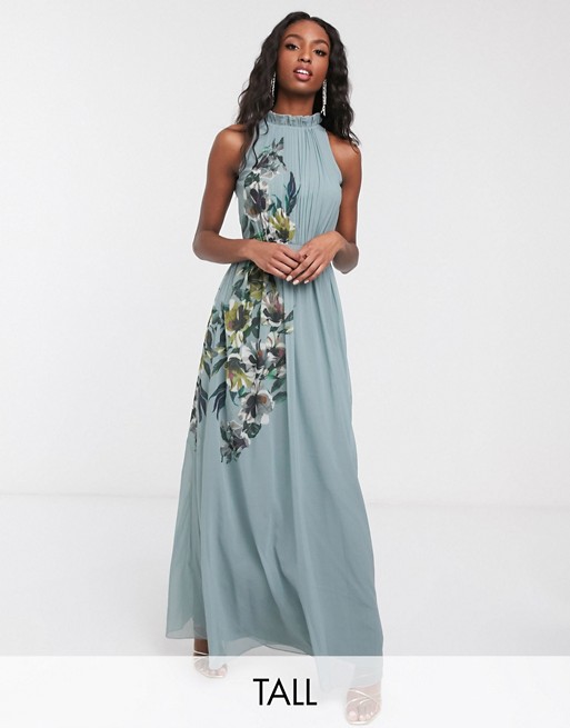 Little Mistress Tall high neck maxi dress with floral detail in blue