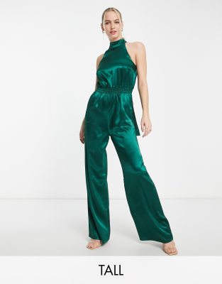 Little Mistress Tall high neck satin jumpsuit in emerald green