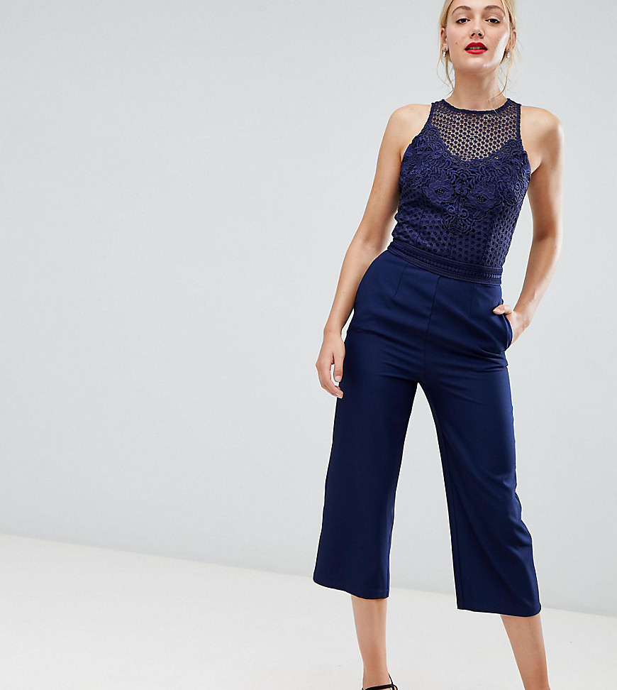Little Mistress tall lace applique top jumpsuit in navy