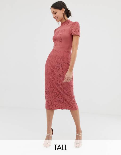 Little Mistress Tall lace detail midi pencil dress in terracotta