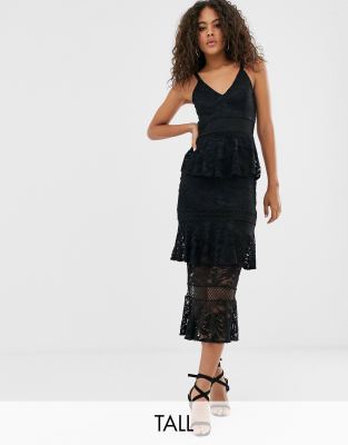 Little Mistress Tall lace tiered midi dress in black