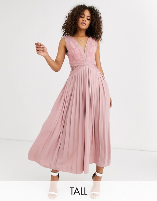 Little Mistress Tall lace top midi skater dress with pleated skirt in pink