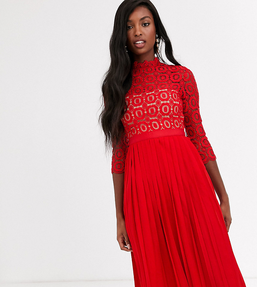 Little Mistress Tall midi length 3/4 sleeve lace dress in tomato red