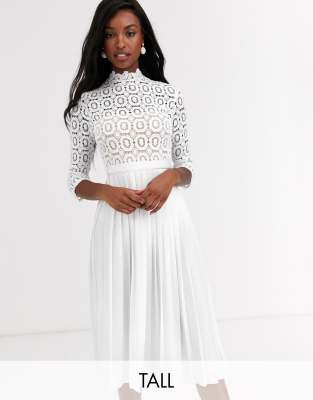 Little Mistress Tall midi length 3/4 sleeve lace dress in white