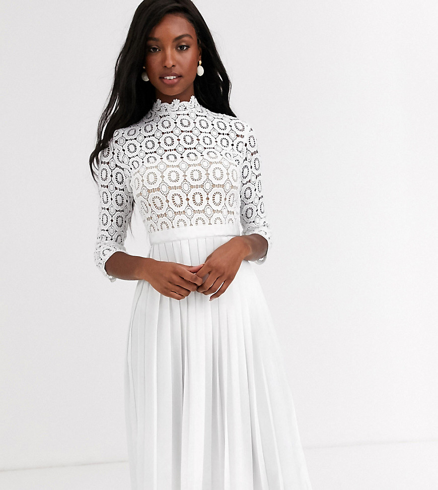 Little Mistress Tall midi length 3/4 sleeve lace dress in white