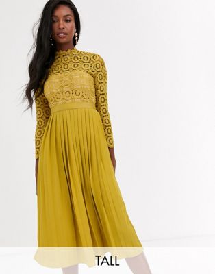 Little Mistress Tall midi length long sleeve lace dress in mustard | ASOS