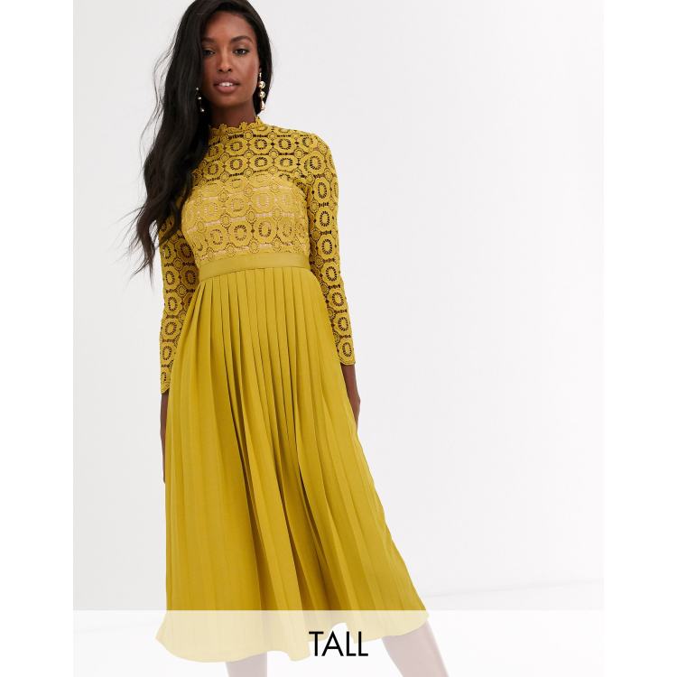 Little Mistress Tall midi length long sleeve lace dress in mustard