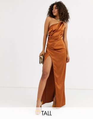 one shoulder satin maxi dress