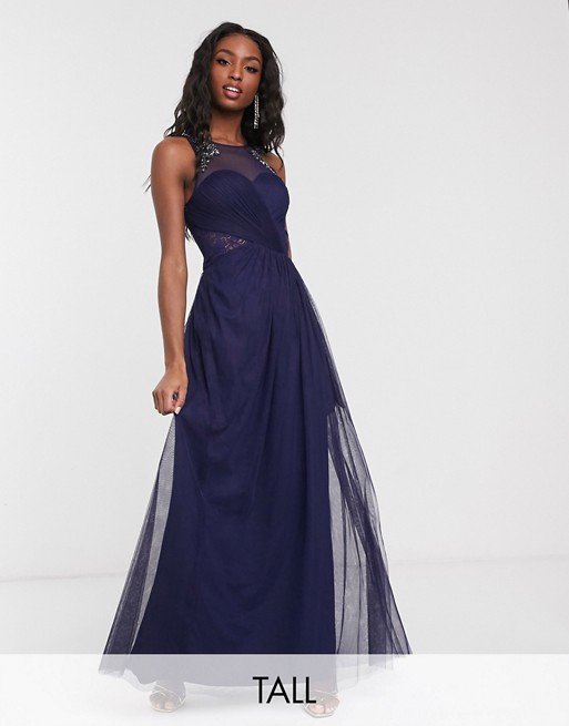 Little Mistress Tall pleat maxi dress with lace and embellishment detail in navy