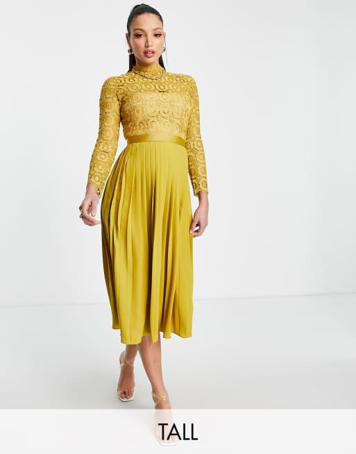 Little Mistress Tall pleated dress in mustard | ASOS