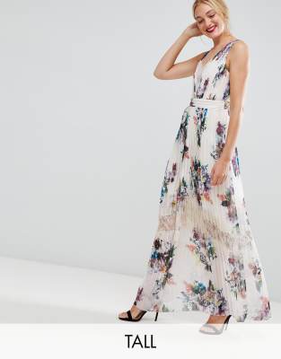 little mistress pleated maxi dress in floral print in cream multi