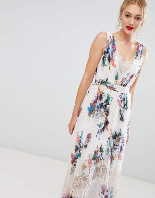 Little mistress pleated maxi dress 2025 in floral print in cream multi