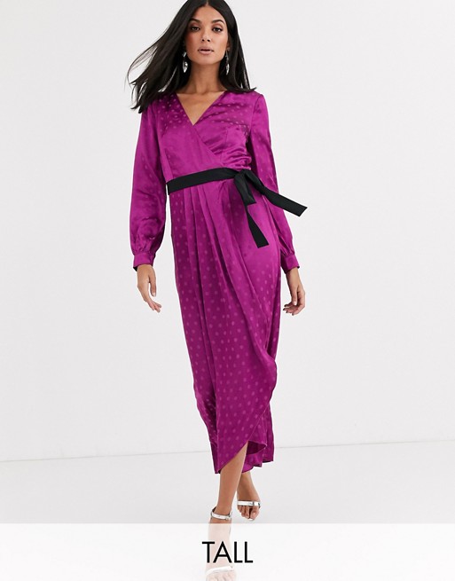 Little Mistress Tall satin wrap dress with contrast waistband in mulberry