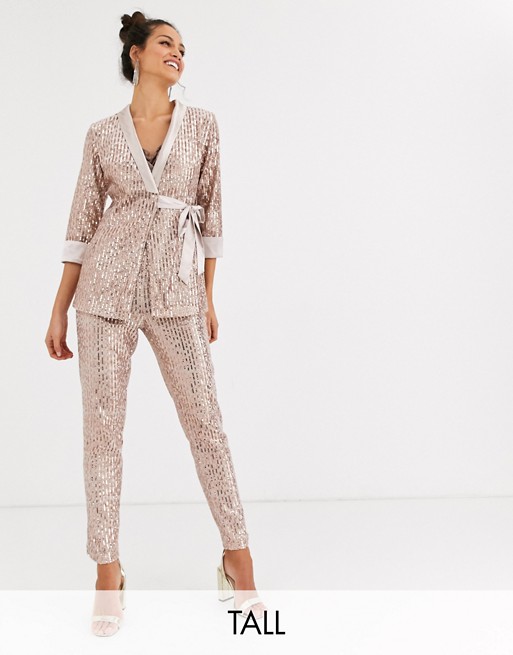 Little Mistress Tall tailored sequin trouser in rose gold co ord