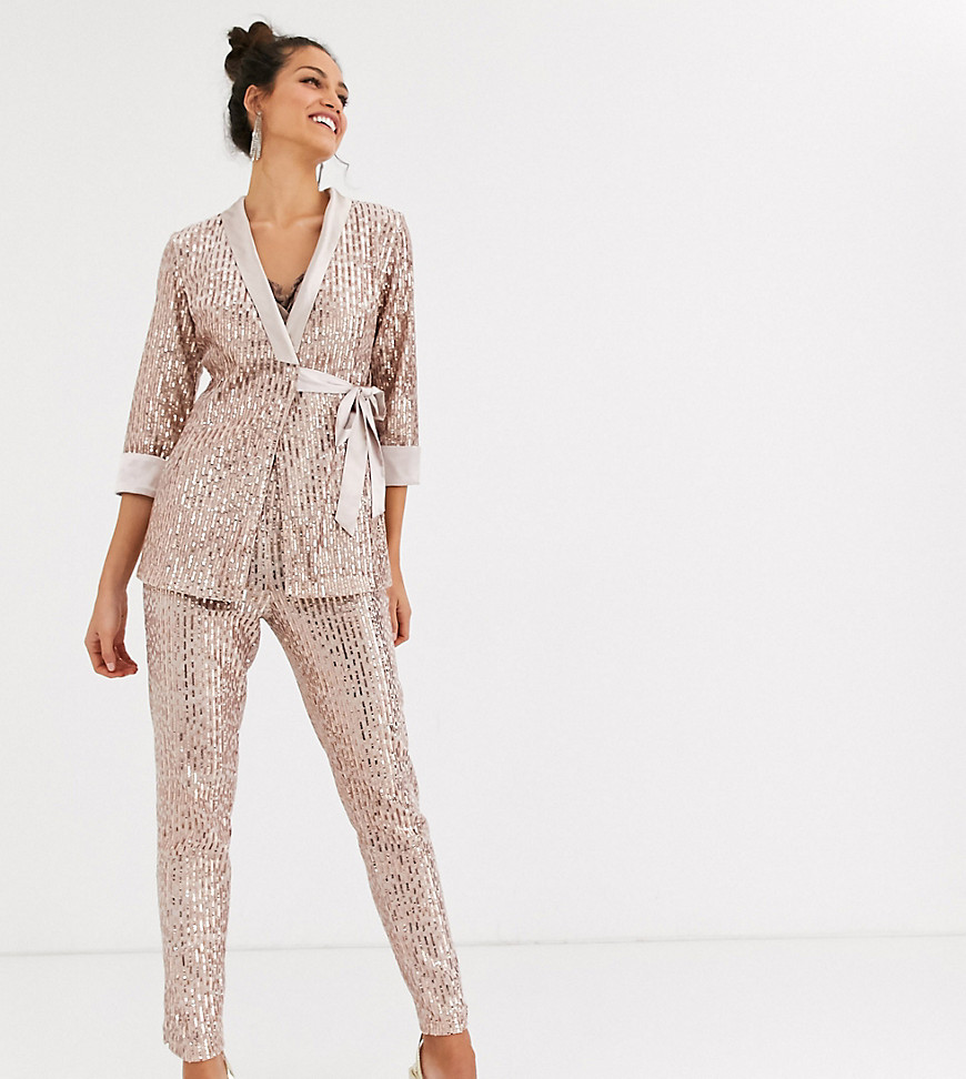 Little Mistress Tall tailored sequin trouser in rose gold co ord