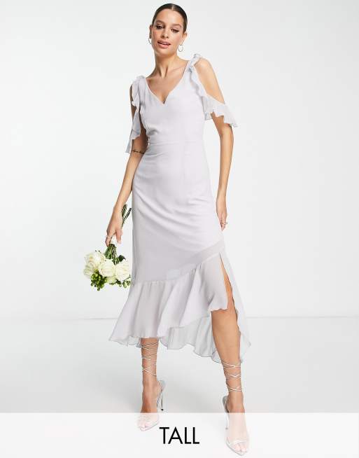 Little Mistress Tall - Vestito midi da damigella con spalle scoperte, colore grigio chiaro
