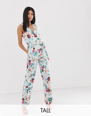 Little Mistress Tall wrap front jumpsuit in multi floral print