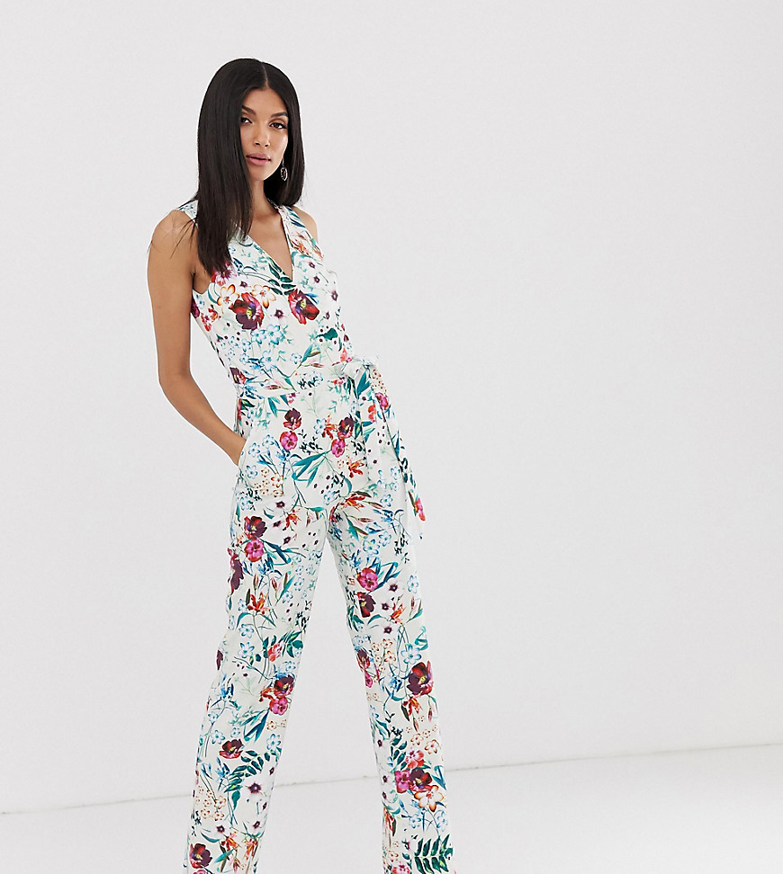 Little Mistress Tall wrap front jumpsuit in multi floral print