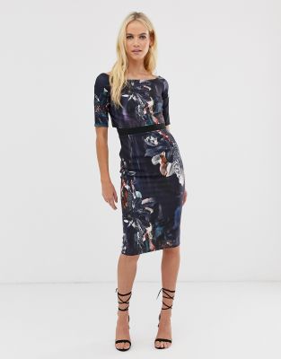 Little Mistress three quarter sleeve floral print pencil midi dress-Multi