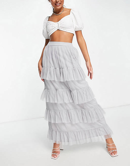 Little Mistress tiered frill maxi skirt in grey