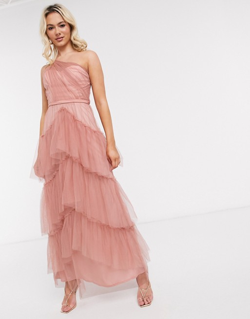 Little Mistress tiered one shoulder maxi in cosmetic pink