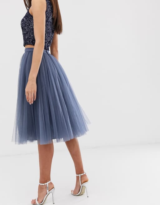 Little Mistress tulle midi prom skirt in lavender grey