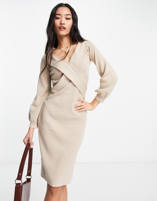 Little Mistress v neck midi dress in camel