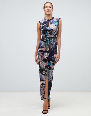 Little Mistress velvet lace trim maxi dress in floral multi