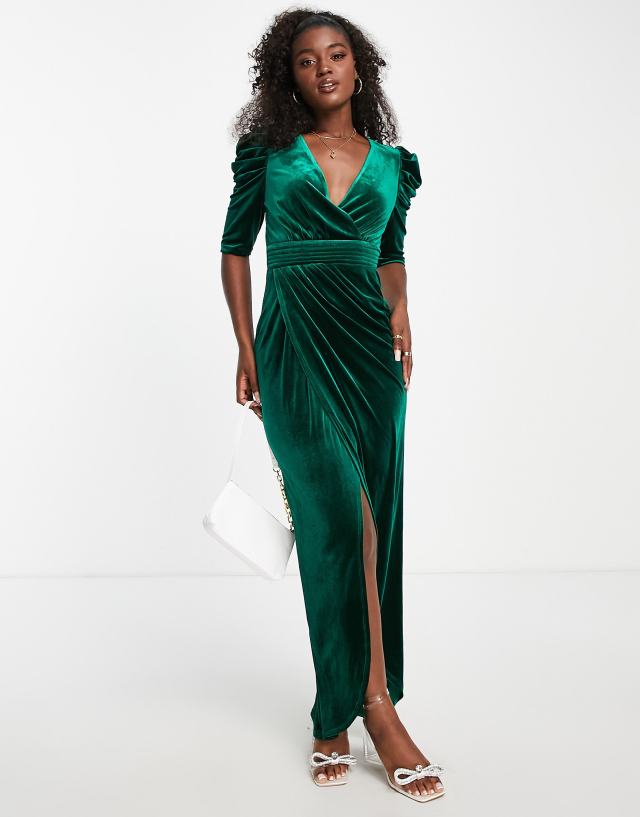 Little Mistress velvet maxi dress with thigh split in emerald green