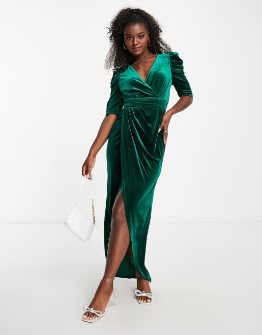 Little Mistress velvet maxi dress with thigh split in emerald