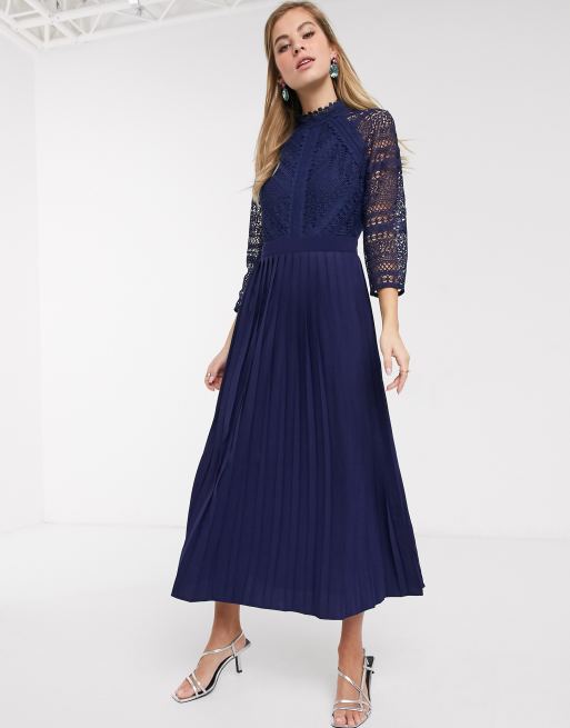 Little Mistress - Vestito al polpaccio con dettagli in pizzo blu navy