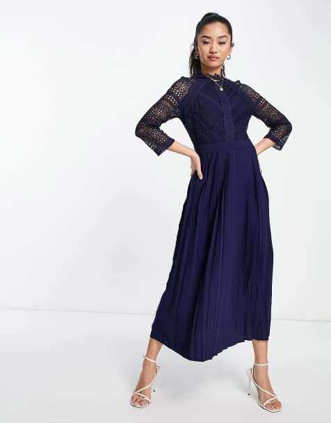 Little Mistress - Vestito con gonna al polpaccio con dettagli in pizzo blu navy - view 1