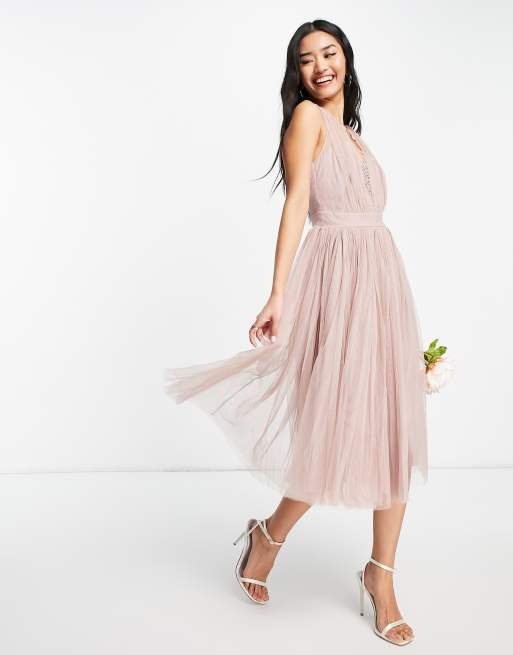 Little Mistress - Vestito corto da damigella in tulle color visone, 4 di 4