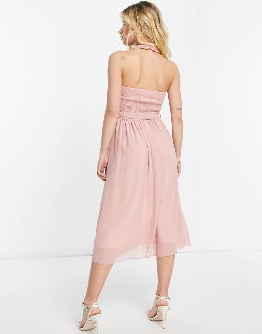 Little Mistress - Vestito da damigella rosa allacciato al collo e incrociato, 2 di 4