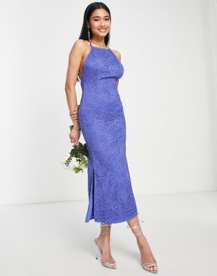 Little Mistress - Vestito lungo da damigella in pizzo blu con scollatura profonda sul retro